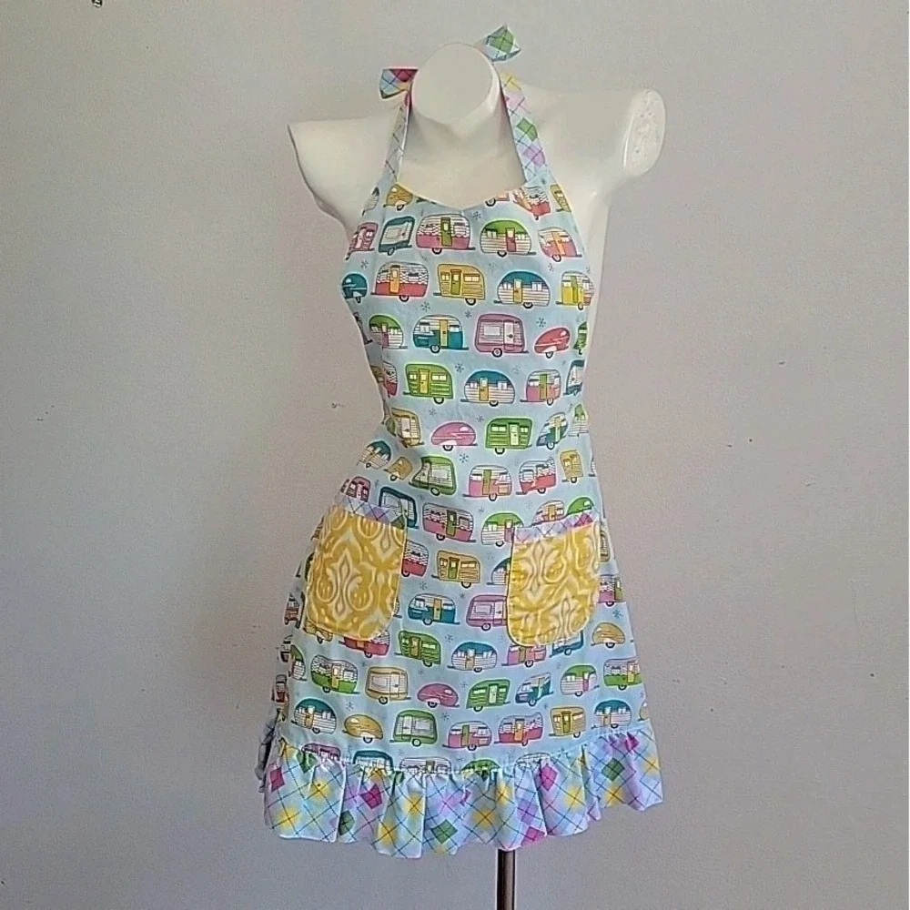 Handmade Halter Apron Retro Campers Damask Print Reversible Self‎ Tie Mod Foodie